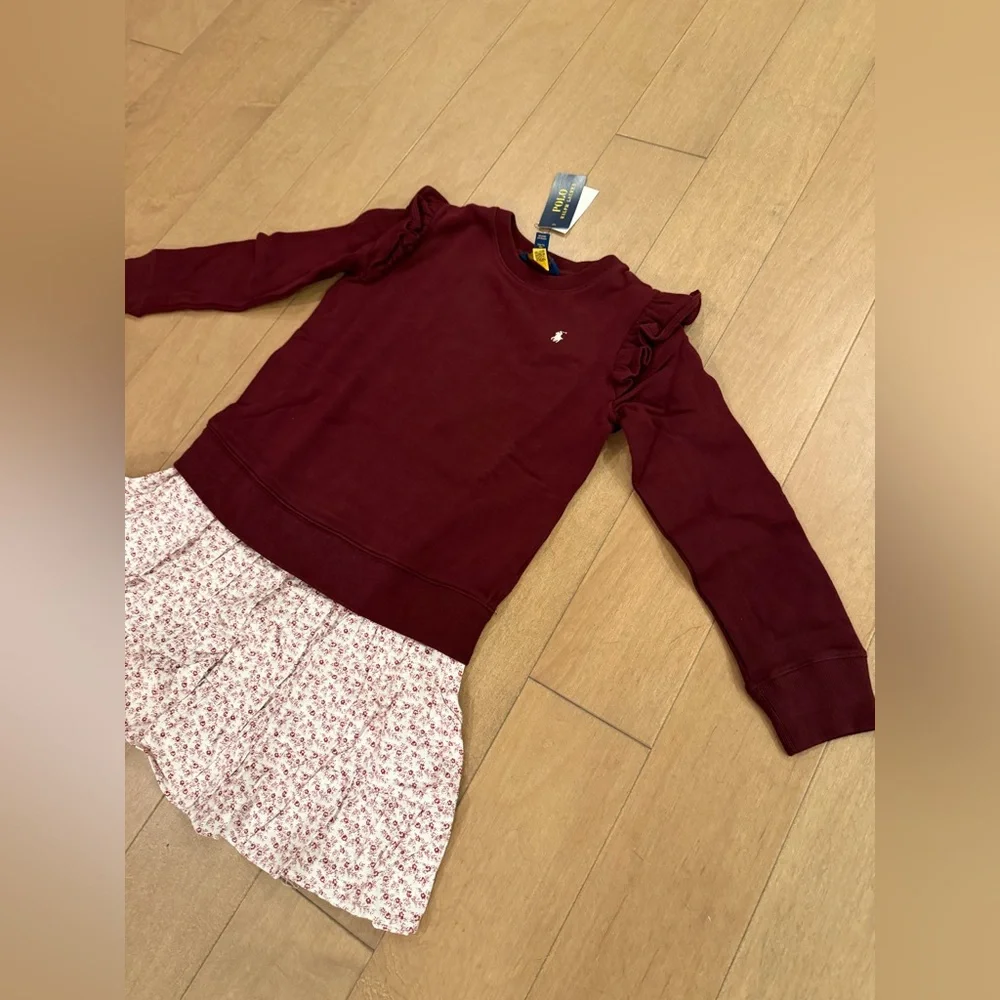 Ralph Lauren Girl’s Burgundy Sweatshirt Dress with Floral Skirt